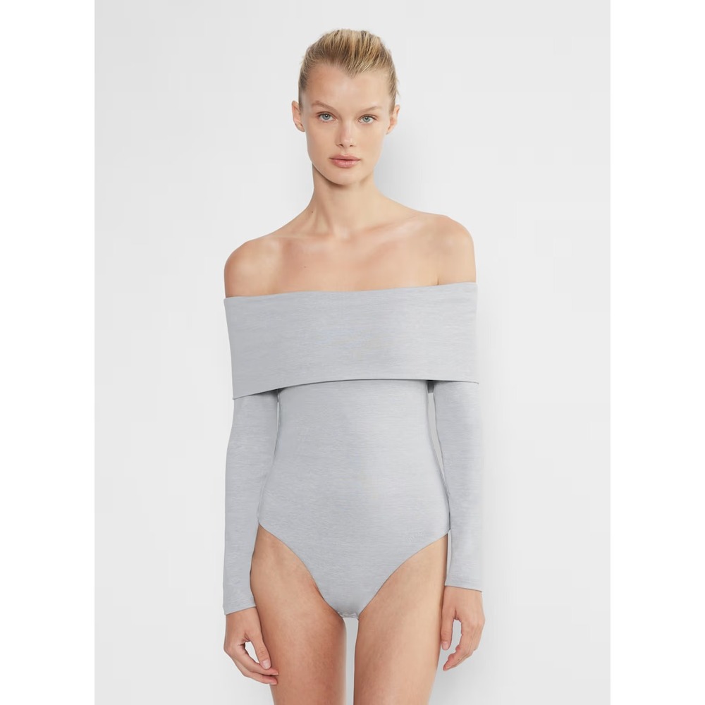 Aritzia Babaton Bodysuit NWT Off Shoulder Long Sleeve Contour Gray Thong Back XS